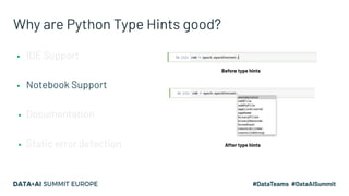 Why are Python Type Hints good?
▪ IDE Support
▪ Notebook Support
▪ Documentation
▪ Static error detection
Before type hint...