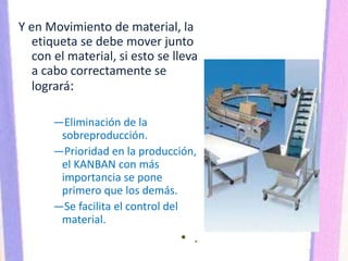 Y en Movimiento de material, la
etiqueta se debe mover junto
con el material, si esto se lleva
a cabo correctamente se
logrará:
―Eliminación de la
sobreproducción.
―Prioridad en la producción,
el KANBAN con más
importancia se pone
primero que los demás.
―Se facilita el control del
material.
• .
 