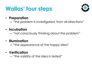 Wallas’ four steps
• Preparation
– “the problem is investigated, from all directions”
• Incubation
– “not consciously thinking about the problem”
• Illumination
– “the appearance of the happy idea”
• Verification
– “the validity of the idea is tested”
 