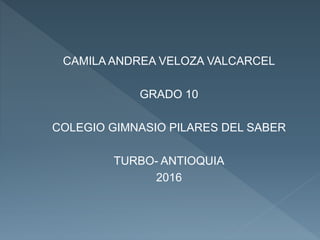 CAMILA ANDREA VELOZA VALCARCEL
GRADO 10
COLEGIO GIMNASIO PILARES DEL SABER
TURBO- ANTIOQUIA
2016
 