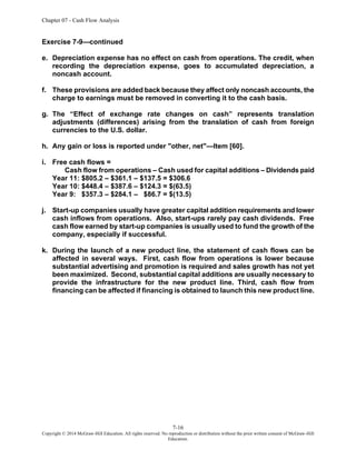 Chapter 07 - Cash Flow Analysis
7-16
Copyright © 2014 McGraw-Hill Education. All rights reserved. No reproduction or distribution without the prior written consent of McGraw-Hill
Education.
Exercise 7-9—continued
e. Depreciation expense has no effect on cash from operations. The credit, when
recording the depreciation expense, goes to accumulated depreciation, a
noncash account.
f. These provisions are added back because they affect only noncash accounts, the
charge to earnings must be removed in converting it to the cash basis.
g. The “Effect of exchange rate changes on cash” represents translation
adjustments (differences) arising from the translation of cash from foreign
currencies to the U.S. dollar.
h. Any gain or loss is reported under "other, net"—Item [60].
i. Free cash flows =
Cash flow from operations – Cash used for capital additions – Dividends paid
Year 11: $805.2 – $361.1 – $137.5 = $306.6
Year 10: $448.4 – $387.6 – $124.3 = $(63.5)
Year 9: $357.3 – $284.1 – $86.7 = $(13.5)
j. Start-up companies usually have greater capital addition requirements and lower
cash inflows from operations. Also, start-ups rarely pay cash dividends. Free
cash flow earned by start-up companies is usually used to fund the growth of the
company, especially if successful.
k. During the launch of a new product line, the statement of cash flows can be
affected in several ways. First, cash flow from operations is lower because
substantial advertising and promotion is required and sales growth has not yet
been maximized. Second, substantial capital additions are usually necessary to
provide the infrastructure for the new product line. Third, cash flow from
financing can be affected if financing is obtained to launch this new product line.
 