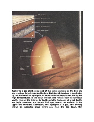 Jupiter is a gas giant, composed of the same elements as the Sun and
stars—primarily hydrogen and helium. Its internal structure is dominated
by the properties of hydrogen, its most abundant constituent and by the
high temperatures in the deep interior that remain from its luminous
youth. Most of the interior is liquid: metallic hydrogen at great depths
and high pressures, and normal hydrogen nearer the surface. In the
upper few thousand kilometers, the hydrogen is a gas. The primary
known or suspected cloud layers are, from the top down, thin
 