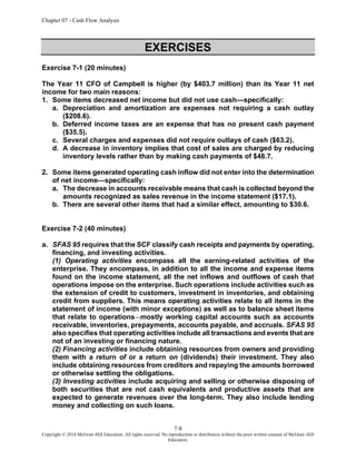 Chapter 07 - Cash Flow Analysis
7-8
Copyright © 2014 McGraw-Hill Education. All rights reserved. No reproduction or distribution without the prior written consent of McGraw-Hill
Education.
EXERCISES
Exercise 7-1 (20 minutes)
The Year 11 CFO of Campbell is higher (by $403.7 million) than its Year 11 net
income for two main reasons:
1. Some items decreased net income but did not use cash—specifically:
a. Depreciation and amortization are expenses not requiring a cash outlay
($208.6).
b. Deferred income taxes are an expense that has no present cash payment
($35.5).
c. Several charges and expenses did not require outlays of cash ($63.2).
d. A decrease in inventory implies that cost of sales are charged by reducing
inventory levels rather than by making cash payments of $48.7.
2. Some items generated operating cash inflow did not enter into the determination
of net income—specifically:
a. The decrease in accounts receivable means that cash is collected beyond the
amounts recognized as sales revenue in the income statement ($17.1).
b. There are several other items that had a similar effect, amounting to $30.6.
Exercise 7-2 (40 minutes)
a. SFAS 95 requires that the SCF classify cash receipts and payments by operating,
financing, and investing activities.
(1) Operating activities encompass all the earning-related activities of the
enterprise. They encompass, in addition to all the income and expense items
found on the income statement, all the net inflows and outflows of cash that
operations impose on the enterprise. Such operations include activities such as
the extension of credit to customers, investment in inventories, and obtaining
credit from suppliers. This means operating activities relate to all items in the
statement of income (with minor exceptions) as well as to balance sheet items
that relate to operations mostly working capital accounts such as accounts
receivable, inventories, prepayments, accounts payable, and accruals. SFAS 95
also specifies that operating activities include all transactions and events that are
not of an investing or financing nature.
(2) Financing activities include obtaining resources from owners and providing
them with a return of or a return on (dividends) their investment. They also
include obtaining resources from creditors and repaying the amounts borrowed
or otherwise settling the obligations.
(3) Investing activities include acquiring and selling or otherwise disposing of
both securities that are not cash equivalents and productive assets that are
expected to generate revenues over the long-term. They also include lending
money and collecting on such loans.
 