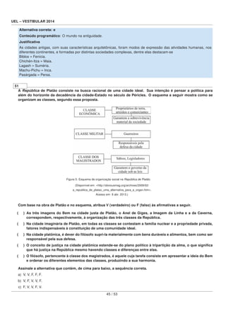 UEL – VESTIBULAR 2014
Alternativa correta: e
Conteúdo programático: O mundo na antiguidade.
Justiﬁcativa
As cidades antigas, com suas características arquitetônicas, foram modos de expressão das atividades humanas, nos
diferentes continentes, e formadas por distintas sociedades complexas, dentre elas destacam-se
Biblos = Fenícia.
Chichén-Itza = Maia.
Lagash = Suméria.
Machu-Pichu = Inca.
Pasárgada = Persa.
51
A República de Platão consiste na busca racional de uma cidade ideal. Sua intenção é pensar a política para
além do horizonte da decadência da cidade-Estado no século de Péricles. O esquema a seguir mostra como se
organizam as classes, segundo essa proposta.
Figura 5: Esquema de organização social na República de Platão.
(Disponível em: <http://obviousmag.org/archives/2009/02/
a_republica_de_platao_uma_alternativa_para_a_organ.htm>.
Acesso em: 8 abr. 2013.)
Com base na obra de Platão e no esquema, atribua V (verdadeiro) ou F (falso) às aﬁrmativas a seguir.
( ) As três imagens do Bem na cidade justa de Platão, o Anel de Giges, a Imagem da Linha e a da Caverna,
correspondem, respectivamente, à organização das três classes da República.
( ) Na cidade imaginária de Platão, em todas as classes se contestam a família nuclear e a propriedade privada,
fatores indispensáveis à constituição de uma comunidade ideal.
( ) Na cidade platônica, é dever do ﬁlósofo supri-la materialmente com bens duráveis e alimentos, bem como ser
responsável pela sua defesa.
( ) O conceito de justiça na cidade platônica estende-se do plano político à tripartição da alma, o que signiﬁca
que há justiça na República mesmo havendo classes e diferenças entre elas.
( ) O ﬁlósofo, pertencente à classe dos magistrados, é aquele cuja tarefa consiste em apresentar a ideia do Bem
e ordenar os diferentes elementos das classes, produzindo a sua harmonia.
Assinale a alternativa que contém, de cima para baixo, a sequência correta.
a) V, V, F, F, F.
b) V, F, V, V, F.
c) F, V, V, F, V.
45 / 53
 