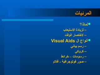 ‫المرئيات‬
‫المرئيات‬

‫لماذا؟‬
–
‫االستيعاب‬ ‫لزيادة‬
–
‫الوقت‬ ‫الختصار‬

‫ال‬ ‫أنواع‬
Visual Aids
–
‫بياني‬ ‫رسم‬
–
‫كروكي‬
–
‫خرائط‬ – ‫رسومات‬
–
‫أفالم‬ - ‫فوتوجرافية‬ ‫صور‬
 