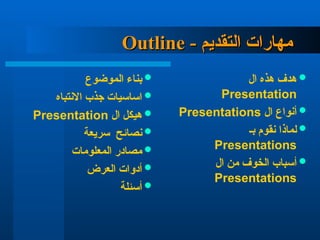 - ‫التقديم‬ ‫مهارات‬
- ‫التقديم‬ ‫مهارات‬
Outline
Outline

‫الموضوع‬ ‫بناء‬

‫االنتباه‬ ‫جذب‬ ‫اساسيات‬

‫ال‬ ‫هيكل‬
Presentation

‫نصائح‬
‫سريعة‬

‫المعلومات‬ ‫مصادر‬

‫العرض‬ ‫أدوات‬

‫أسئلة‬

‫ال‬ ‫هذه‬ ‫هدف‬
Presentation

‫ال‬ ‫أنواع‬
Presentations

‫بـ‬ ‫نقوم‬ ‫لماذا‬
Presentations

‫ال‬ ‫من‬ ‫الخوف‬ ‫أسباب‬
Presentations
 
