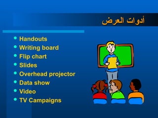 ‫العرض‬ ‫أدوات‬
‫العرض‬ ‫أدوات‬
 Handouts
 Writing board
 Flip chart
 Slides
 Overhead projector
 Data show
 Video
 TV Campaigns
 