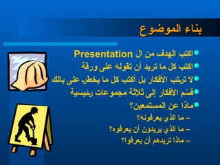 ‫الموضوع‬ ‫بناء‬
‫الموضوع‬ ‫بناء‬

‫ال‬ ‫من‬ ‫الهدف‬ ‫اكتب‬
Presentation

‫ورقة‬ ‫على‬ ‫تقوله‬ ‫أن‬ ‫تريد‬ ‫ما‬ ‫كل‬ ‫اكتب‬

‫بالك‬ ‫على‬ ‫يخطر‬ ‫ما‬ ‫كل‬ ‫أكتب‬ ‫بل‬ ‫األفكار‬ ‫ترتب‬ ‫ال‬

‫رئيسية‬ ‫مجموعات‬ ‫ثالثة‬ ‫إلى‬ ‫األفكار‬ ‫م‬ ّ
‫قس‬

‫المستمعين؟‬ ‫عن‬ ‫ماذا‬
–
‫يعرفونه؟‬ ‫الذي‬ ‫ما‬
–
‫يعرفوه؟‬ ‫أن‬ ‫يريدون‬ ‫الذي‬ ‫ما‬
–
‫يعرفوا؟‬ ‫أن‬ ‫تريدهم‬ ‫ماذا‬
 