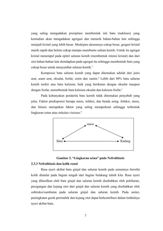 yang saling mengadakan presipitasi membentuk inti batu (nukleasi) yang
kemudian akan mengadakan agregasi dan menarik bahan-bahan lain sehingga
menjadi kristal yang lebih besar. Meskipun ukurannya cukup besar, gregasi kristal
masih rapuh dan belum cukup mampu membuntu saluan kemih. Untuk itu agregat
kristal menempel pada epitel saluran kemih (membentuk retensi kristal) dan dari
sini bahan-bahan lain diendapkan pada agregat itu sehingga membentuk batu yang
cukup besar untuk menyumbat saluran kemih.5
Komposisi batu saluran kemih yang dapat ditemukan adalah dari jenis
urat, asam urat, oksalat, fosfat, sistin dan xantin.6
Lebih dari 80% batu saluran
kemih terdiri atas batu kalsium, baik yang berikatan dengan oksalat maupun
dengan fosfat, menmbentuk batu kalsium oksalat dan kalsium fosfat.5
Pada kebanyakan penderita batu kemih tidak ditemukan penyebab yang
jelas. Faktor predisposisi berupa stasis, infeksi, dan benda asing. Infeksi, stasis,
dan litiasis merupakan faktor yang saling memperkuat sehingga terbentuk
lingkaran setan atau sirkulus visiosus.6
stasis
Batu Radang
Gambar 2. “Lingkaran setan” pada Nefrolitiasis
2.3.3 Nefrolitiasis dan kolik renal
Rasa nyeri akibat batu ginjal dan saluran kemih pada umumnya bersifat
kolik dimulai pada bagian tengah dari bagian belakang tubuh kita. Rasa nyeri
yang dihasilkan oleh batu ginjal dan saluran kemih disebabkan oleh pelebaran,
peregangan dan kejang otot dari ginjal dan saluran kemih yang disebabkan oleh
osbtruksi/sumbatan pada saluran ginjal dan saluran kemih. Pada ureter,
peningkatan gerak peristaltik dan kejang otot dapat berkontribusi dalam timbulnya
nyeri akibat batu.
7
 