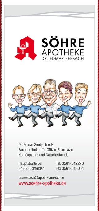 JETZT WECHSELN
Wenn Ihre letzte Strom-
rechnung einen Briefkopf mit
drei roten Buchstaben hat,
sind Sie nicht bei der EAM.
Grüner wird‘s nicht!
Oder sehen Sie Rot, wenn
Sie auf Ihre Rechnung
schauen?
JETZT WECHSELN
rechnung einen Briefkopf mit
drei roten Buchstaben hat,
sind Sie nicht bei der EAM.
Sie auf Ihre Rechnung
Nutzen Sie Ihr gutes Recht,
Ihren Anbieter selbst zu
bestimmen.
www.EAM.de ENERGIE AUS DER MITTE
0561 9330-9350
August - September 2019 Oktober - November 2019 November - Dezember 2019 Dezember 2019
Samstag, den 31. August 2019
G.O.D. - Garden
Of Delight
20 Jahre
	 	19.30 Uhr
	15,- 
Erleben Sie die typischen eingängigen Melodien und Hooklines
des „Garden Of Deligth Sounds“. Genießen Sie gleichzeitig un-
gezügelten irischen Folk und Stücke mit melancholischen und
romantischen Inhalten. god-band.de
Sonntag, den 8. September 2019
Trio Melange
Sound of Cinema
	 18.00 Uhr
	16,- / 18,-
In seinem Programm widmet sich das Trio sich als eine Art Filmor-
chester im Westentaschenformat bekannten und unbekannten
Perlen des Genres. Mit Geige, einer Gitarre und einem Akkordeon
entsteht so ein frischer Zugriff auf zeitlos schönen Melodien.
Freitag, den 20. September 2019
The Limp String
Buskers
Oldtime Music
	 19.30 Uhr
	10,- 
Die Band widmet sich der traditionellen nordamerikanischen Mu-
sik der europäischen Siedler des 18. & 19. Jahrhunderts. Kel-
tische Melodien aus Europa treffen bei der sogenannten Oldtime
Music auf die Rhythmen Afroamerikas. limpstringbuskers.de
Freitag, den 27. September 2019
Volker Diefes
SMART ohne
PHONE
	 19.30 Uhr
	16,- / 18,-
Ja, auch Diefes ist ein echter Smartphone-Junkie geworden.
Doch jetzt drückt er die Reset-Taste und findet Zuflucht im Thea-
ter. Ein erfrischend, modernes Kabarett-Programm mit intelligen-
tem Humor... diefes.de
Sonntag, den 6. Oktober 2019
Helene Bockhorst
Die fabelhafte Welt
der Therapie
	 	 17.00 Uhr
	16,- / 18,-
Es geht um psychische Auffälligkeiten und Schwierigkeiten in
sozialen Situationen; um Onlinedating, Sex, Missgeschicke und
immer wieder um die Frage: Warum passiert das ausgerechnet
mir? helenebockhorst.com
Sonntag, den 13. Oktober 2019
Thilo Seibel
Wenn schon falsch,
dann richtig!
	 	 17.00 Uhr
	16,- / 18,-
Die Welt ist unangenehm voll von windschnittigen Populisten,
stumpfen Technologie-Nerds und fröhlichen Hedonisten, die ihr
SUV mit aufs Kreuzfahrtschiff nehmen wollen. Nur: Was ist die
richtige Reaktion? Antworten liefert Thilo Seibel. thiloseibel.de
Sonntag, den 27. Oktober 2019
Martin Frank
Es kommt,
wie´s kommt
	 17.00 Uhr
	16,- / 18,-
Martin Frank, der Shootingstar der bayerischen Kabarett-
szene kommt wie´s kommt ins Wirtshaus. Und zwar so frech
wie direkt, so bodenständig wie musikalisch und extrem lustig.
martinfrank-kabarett.de
Sonntag, den 3. November 2019
Schwarze Grütze
Das BESTESTE
	
	 16.00 Uhr
	18,- / 20,-
Auch nach 25 Jahren Bühnenunwesen strotzen die Lieder der
„Schwarzen Grütze“ vor Aktualität. Es macht sich eben bezahlt,
dass Dirk Pursche und Stefan Klucke nie dem tagespolitischen
Kleingeist hinterhergehechelt sind. humorbuero.com
Sonntag, den 17. November 2019
Stefan Danziger
Was machen Sie
eigentlich tagsüber?
	 	 16.00 Uhr
	16,- / 18,-
Auf den Straßen Berlins erlernte Danziger seinen Stil und ent-
deckte seine Gabe, Menschen stundenlang mit Geschichte voll
zu brabbeln. Seit dem macht er die Bühnen Berlins,Amsterdams,
Londons und Edinburghs unsicher. stefan-danziger.de
Sonntag, den 24. November 2019
Bernd Gieseking
Ab dafür!
	 	 16.00 Uhr
	16,- / 18,-
Bis heute bedeutet das seit nunmehr 25 Jahren jährlich:
Satire und Komik, Kommentar und Nonsens über den alltäglichen
Wahnsinn des vergangenen Jahres. Von und mit Bernd Giese-
king... bernd-gieseking.de
Sonntag, den 1. Dezember 2019
Liza Kos
Was glaub´ ich,
wer ich bin?!
	 16.00 Uhr
	16,- / 18,-
Mit 15 zieht Liza mit ihren Eltern von Moskau aufs Land - nach
Deutschland. Hier will und muss sie sich integrieren und lernt die
Landessprache: Türkisch! Ein vielschichtiges Kabarett-Comedy
Programm. lizakos.de
Sonntag, den 8. Dezember 2019
Sommer & Lüker
Märchenhaft
verzwergt
	 16.00 Uhr
	16,- / 18,-
Immer diese Märchen. Warum eigentlich? Weil wir sie lieben!
Erleben Sie ein märchenhaftes Programm in Lied, Chanson und
Dialog mit Martin Lüker am Klavier und Susanne Sommer Mezzo-
sopran. martin-lueker.de
Samstag, den 14. Dezember 2019
Compagnia Buffo
Oh,
du du Fröhliche!
	 	 18.00 Uhr
	16,- / 18,-
Wir befinden uns im Altenheim „Zum Grünen See“. Ein Ort der
Stille und Besinnung. Herr Bachmann (Willi Lieverscheidt) und
Frau Pieper (Kascha B.) gestalten die Weihnachtsfeier und mei-
nen es ernst. compagnia-buffo.de
Sonntag, den 15. Dezember 2019
Karl Garff
Käuze,
Spinner & Co.
	 	 16.00 Uhr
	16,- / 18,-
Karl Garff erfindet und erzählt, liest und rappt in seinem neuen
Programm. Schon er selbst ist „annerster als wie die da unnen
in Hessen Süd.“ Durch ihn kommen dann noch weit schrägere
Typen zu Wort. fraukestehl.de
Sonntag, den 22. Dezember 2019
Böse Schwestern
Wir warten aufs
Christkind
	 16.00 Uhr
	18,- / 20,-
Wehmut und Freude, Lachen und Besinnlichkeit - alles das macht
Weihnachten aus. Und alles das haben DIE BöSEN SCHWESTERN
mit ihrer Weihnachts-Komödie im Paket. Fröhliche Weihnachten!
www.boeseschwestern.de.
Dienstag, den 31. Dezember 2019
Michael Feindler
Ihr Standort
wird berechnet
	 16.00 Uhr
	18,- / 20,-
Seit Jahren hält der Lyriker unter den Kabarettisten Michael
Feindler hartnäckig an der Behauptung fest, man dürfe dem
Publikum ruhig etwas mehr zutrauen. Wir geben ihm Recht.
michael-feindler.de
*AlleOpenAirVeranstaltungenfindenbeischlechtemWetterimSaalstatt.
Open Air*
Open Air*
Open Air*
 