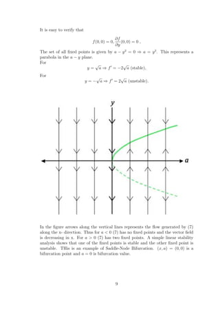 It is easy to verify that
f(0, 0) = 0,
∂f
∂y
(0, 0) = 0 ,
The set of all ﬁxed points is given by a − y2
= 0 ⇒ a = y2
. This represents a
parabola in the a − y plane.
For
y =
√
a ⇒ f = −2
√
a (stable),
For
y = −
√
a ⇒ f = 2
√
a (unstable).
In the ﬁgure arrows along the vertical lines represents the ﬂow generated by (7)
along the x- direction. Thus for a < 0 (7) has no ﬁxed points and the vector ﬁeld
is decreasing in x. For a > 0 (7) has two ﬁxed points. A simple linear stability
analysis shows that one of the ﬁxed points is stable and the other ﬁxed point is
unstable. THis is an example of Saddle-Node Bifurcation. (x, a) = (0, 0) is a
bifurcation point and a = 0 is bifurcation value.
9
 