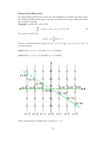 Transcritical Bifurcation
In a Transcritical Bifurcation, there are two equilibria one stable and other unsta-
ble. When the Bifurcation point is passed, the unstable becomes stable and stable
one becomes unstable.
Example consider the vector ﬁeld
dy
dt
= f(y, a) = ay − y2
, y ∈ R , a ∈ R , (8)
It is easy to verify that
f(0, 0) = 0,
∂f
∂y
(0, 0) = 0,
The set of all ﬁxed points is given by ay − y2
= 0 ⇒ y(a − y) = 0 ⇒ y = 0, a = 0
are ﬁxed points.
case(1) For a < 0, y = 0 (stable), y = a (unstable)
case(2) For a > 0, y = 0 (unstable), y = a (stable)
Thus an exchange of stability has occured at a = 0.
10
 