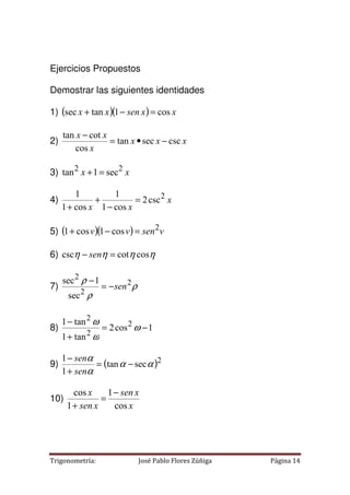 Trigonometría: José Pablo Flores Zúñiga Página 14
Ejercicios Propuestos
Demostrar las siguientes identidades
1) ( )( ) x
x
sen
x
x cos
1
tan
sec =
−
+
2) x
x
x
x
x
x
csc
sec
tan
cos
cot
tan
−
•
=
−
3) x
x 2
2
sec
1
tan =
+
4) x
x
x
2
csc
2
cos
1
1
cos
1
1
=
−
+
+
5) ( )( ) v
sen
v
v 2
cos
1
cos
1 =
−
+
6) η
η
η
η cos
cot
csc =
− sen
7) ρ
ρ
ρ 2
2
2
sec
1
sec
sen
−
=
−
8) 1
cos
2
tan
1
tan
1 2
2
2
−
=
+
−
ω
ω
ω
9) ( )2
sec
tan
1
1
α
α
α
α
−
=
+
−
sen
sen
10)
x
x
sen
x
sen
x
cos
1
1
cos −
=
+
 