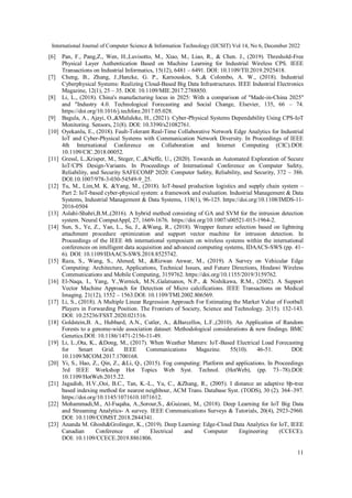 International Journal of Computer Science & Information Technology (IJCSIT) Vol 14, No 6, December 2022
11
[6] Pan, F., Pang,Z., Wen, H.,Luvisotto, M., Xiao, M., Liao, R., & Chen. J., (2019). Threshold-Free
Physical Layer Authentication Based on Machine Learning for Industrial Wireless CPS. IEEE
Transactions on Industrial Informatics, 15(12), 6481 – 6491. DOI: 10.1109/TII.2019.2925418.
[7] Cheng, B., Zhang, J.,Hancke, G. P., Karnouskos, S.,& Colombo, A. W., (2018). Industrial
Cyberphysical Systems: Realizing Cloud-Based Big Data Infrastructures. IEEE Industrial Electronics
Magazine, 12(1), 25 – 35. DOI: 10.1109/MIE.2017.2788850.
[8] Li, L., (2018). China's manufacturing locus in 2025: With a comparison of "Made-in-China 2025"
and "Industry 4.0. Technological Forecasting and Social Change, Elsevier, 135, 66 – 74.
https://doi.org/10.1016/j.techfore.2017.05.028.
[9] Bagula, A., Ajayi, O.,&Maluleke, H., (2021). Cyber-Physical Systems Dependability Using CPS-IoT
Monitoring. Sensors, 21(8). DOI: 10.3390/s21082761.
[10] Oyekanlu, E., (2018). Fault-Tolerant Real-Time Collaborative Network Edge Analytics for Industrial
IoT and Cyber-Physical Systems with Communication Network Diversity. In Proceedings of IEEE
4th International Conference on Collaboration and Internet Computing (CIC).DOI:
10.1109/CIC.2018.00052.
[11] Gressl, L.,Krisper, M., Steger, C.,&Neffe, U., (2020). Towards an Automated Exploration of Secure
IoT/CPS Design-Variants. In Proceedings of International Conference on Computer Safety,
Reliability, and Security SAFECOMP 2020: Computer Safety, Reliability, and Security, 372 – 386.
DOI:10.1007/978-3-030-54549-9_25.
[12] Tu, M., Lim,M. K. &Yang, M., (2018). IoT-based production logistics and supply chain system –
Part 2: IoT-based cyber-physical system: a framework and evaluation. Industrial Management & Data
Systems, Industrial Management & Data Systems, 118(1), 96-125. https://doi.org/10.1108/IMDS-11-
2016-0504
[13] Aslahi-Shahri,B.M.,(2016). A hybrid method consisting of GA and SVM for the intrusion detection
system. Neural ComputAppl, 27, 1669-1676. https://doi.org/10.1007/s00521-015-1964-2.
[14] Sun, S., Ye, Z., Yan, L., Su, J., &Wang, R., (2018). Wrapper feature selection based on lightning
attachment procedure optimization and support vector machine for intrusion detection. In
Proceedings of the IEEE 4th international symposium on wireless systems within the international
conferences on intelligent data acquisition and advanced computing systems, IDAACS-SWS (pp. 41–
6). DOI: 10.1109/IDAACS-SWS.2018.8525742.
[15] Raza, S., Wang, S., Ahmed, M., &Rizwan Anwar, M., (2019). A Survey on Vehicular Edge
Computing: Architecture, Applications, Technical Issues, and Future Directions, Hindawi Wireless
Communications and Mobile Computing, 3159762. https://doi.org/10.1155/2019/3159762.
[16] El-Naqa, I., Yang, Y.,Wernick, M.N.,Galatsanos, N.P., & Nishikawa, R.M., (2002). A Support
Vector Machine Approach for Detection of Micro calcifications. IEEE Transactions on Medical
Imaging. 21(12), 1552 – 1563.DOI: 10.1109/TMI.2002.806569.
[17] Li, S., (2018). A Multiple Linear Regression Approach For Estimating the Market Value of Football
Players in Forwarding Position. The Frontiers of Society, Science and Technology. 2(15). 132-143.
DOI: 10.25236/FSST.2020.021516.
[18] Goldstein,B. A., Hubbard, A.N., Cutler, A., &Barcellos, L.F.,(2010). An Application of Random
Forests to a genome-wide association dataset: Methodological considerations & new findings. BMC
Genetics.DOI: 10.1186/1471-2156-11-49.
[19] Li, L.,Ota, K., &Dong, M., (2017). When Weather Matters: IoT-Based Electrical Load Forecasting
for Smart Grid. IEEE Communications Magazine. 55(10). 46-51. DOI:
10.1109/MCOM.2017.1700168.
[20] Yi, S., Hao, Z., Qin, Z., &Li, Q., (2015). Fog computing: Platform and applications. In Proceedings
3rd IEEE Workshop Hot Topics Web Syst. Technol. (HotWeb), (pp. 73–78).DOI:
10.1109/HotWeb.2015.22.
[21] Jagadish, H.V.,Ooi, B.C., Tan, K.-L., Yu, C., &Zhang, R., (2005). I distance an adaptive bþ-tree
based indexing method for nearest neighbour, ACM Trans. Database Syst. (TODS), 30 (2). 364–397.
https://doi.org/10.1145/1071610.1071612.
[22] Mohammadi,M., Al-Fuqaha, A.,Sorour,S., &Guizani, M., (2018). Deep Learning for IoT Big Data
and Streaming Analytics- A survey. IEEE Communications Surveys & Tutorials, 20(4), 2923-2960.
DOI: 10.1109/COMST.2018.2844341.
[23] Ananda M. Ghosh&Grolinger, K., (2019). Deep Learning: Edge-Cloud Data Analytics for IoT, IEEE
Canadian Conference of Electrical and Computer Engineering (CCECE).
DOI: 10.1109/CCECE.2019.8861806.
 