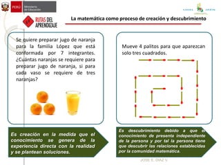 Es creación en la medida que el
conocimiento se genera de la
experiencia directa con la realidad
y se plantean soluciones.
Es descubrimiento debido a que el
conocimiento de presenta independiente
de la persona y por tal la persona tiene
que descubrir las relaciones establecidas
por la comunidad matemática.
Se quiere preparar jugo de naranja
para la familia López que está
conformada por 7 integrantes.
¿Cuántas naranjas se requiere para
preparar jugo de naranja, si para
cada vaso se requiere de tres
naranjas?
Mueve 4 palitos para que aparezcan
solo tres cuadrados.
La matemática como proceso de creación y descubrimiento
JOSE E. DIAZ V.
UGEL JAÉN
 
