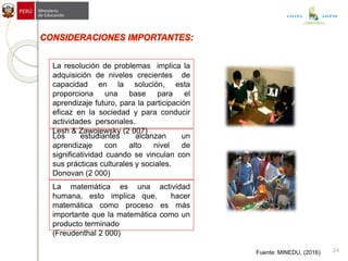 La matemática es una actividad
humana, esto implica que, hacer
matemática como proceso es más
importante que la matemática como un
producto terminado
(Freudenthal 2 000)
Los estudiantes alcanzan un
aprendizaje con alto nivel de
significatividad cuando se vinculan con
sus prácticas culturales y sociales.
Donovan (2 000)
La resolución de problemas implica la
adquisición de niveles crecientes de
capacidad en la solución, esta
proporciona una base para el
aprendizaje futuro, para la participación
eficaz en la sociedad y para conducir
actividades personales.
Lesh & Zawojewsky (2 007)
24
UGEL JAÉN
Fuente: MINEDU, (2016)
 