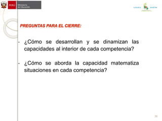- ¿Cómo se desarrollan y se dinamizan las
capacidades al interior de cada competencia?
- ¿Cómo se aborda la capacidad matematiza
situaciones en cada competencia?
36
UGEL JAÉN
 
