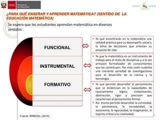 Se espera que los estudiantes aprendan matemática en diversos
sentidos:
FUNCIONAL
INSTRUMENTAL
FORMATIVO • Ya que permite desarrollar el pensamiento
que se evidencian en la capacidades de
razonamiento lógico, simbolización,
abstracción, rigor y precisión que
caracterizan al pensamiento formal.
• Así mismo permite desarrollar la curiosidad,
la persistencia, la incredulidad, la
autonomía, la rigurosidad, la imaginación, el
espíritu crítico y la creatividad.
• Ya que la matemática es un instrumento de
trabajo para el resto de disciplinas y a la vez
armazón formalizador de conocimientos
que las constituyen. Por esta razón sustenta
una creciente variedad de investigaciones
para el desarrollo de la ciencia y la
tecnología.
• Ya que encontrarán en la matemática una
utilidad práctica para su desempeño social y
la toma de decisiones que orientan su
proyecto de vida.
9
UGEL JAÉN
Fuente: MINEDU, (2016)
 