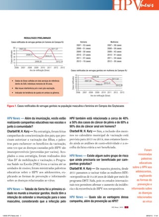 news


                                       Resultado PReliminaR
              Casos notificados de verrugas genitais em homens de Campos-RJ                                     Homens                            Mulheres
                                                                                                             2007 – 53 casos                   2007 – 58 casos
                            60                                                                               2008 – 51 casos                   2008 – 59 casos
                                 2007,53                                2011,57
                            50
        Casos notificados




                                                                                                             2009 – 30 casos                   2009 – 43 casos
                            40           2008,51                                                             2010 – 27 casos                   2010 – 41 casos
                            30                                   2010,27
                                                                                                             2011 – 57 casos                   2011 – 54 casos
                            20
                                                   2009,30                   2012,19                         2012 – 19 casos                   2012 – 30 casos
                            10
                             0
                             2006 2007 2008 2009 2010 2011 2012 2013
                                             Ano de notificação (Sinan)                 Casos notificados de verrugas genitais em mulheres de Campos-RJ

                                                                                                            70
                                                                                                                               2008,59
                                                                                        Casos notificados

                                                                                                            60
                                                                                                            50                                        2011,54
                   •	 Dados	do	Sinan	colhidos	em	dois	serviços	de	referência	                               40       2007,58
                      dentro	do	SUS;	indivíduos	menores	de	40	anos.                                         30                              2010,41
                                                                                                                                  2009,43                  2012,30
                                                                                                            20
                   •	 Não	houve	interferência	pré	e	nem	pós-vacinação.                                      10
                                                                                                             0
                   •	 Indicador	de	tendência	de	queda	em	ambos	os	gêneros.                                   2006   2007 2008 2009 2010 2011 2012                2013
                                                                                                                           Ano de notificação (Sinan)



     Figura 1. Casos notificados de verrugas genitais na população masculina e feminina em Campos dos Goytacazes



     HPV News — Além da imunização, vocês estão                                        HPV também está relacionada a cerca de 40%
     realizando campanhas educativas nas escolas e                                     a 50% dos casos de câncer de pênis e de 80% a
     junto à comunidade?                                                               90% dos de câncer anal em homens?
     Charbell M. H. Kury — Na estratégia, foram feitas                                 Charbell M. H. Kury — Sim, a inclusão dos meni-
     campanhas de conscientização dos pais, que pre-                                   nos no calendário municipal de vacinação está
     cisam autorizar a vacinação das filhas, e pales-                                  prevista para 2013 ou 2014, mas estamos fazen-
     tras para esclarecer os benefícios da vacinação,                                  do ainda as análises de custo-efetividade e a es-
     uma vez que as doenças causadas pelo HPV são                                      colha da faixa etária a ser beneficiada.
                                                                                                                                                                                         Foram
     imunopreveníveis (prevenidas por vacina). Aco-
                                                                                       HPV News — Existe algum outro grupo de risco                                               ministradas
     plados a essa estratégia, foram realizados dois
     “dias D” de mobilização e vacinação; o Progra-                                    que ainda precisaria ser beneficiado por cam-                                                 palestras
     ma Saúde na Escola (PSE) levou a vacina até as                                    panhas gratuitas?                                                                           educativas
     unidades de ensino; foram ministradas palestras                                   Charbell M. H. Kury — De maneira pioneira, desde                                      sobre o HPV aos
     educativas sobre o HPV aos adolescentes, ex-                                      2011 passamos a vacinar todas as mulheres HIV-                                           adolescentes,
     plicando as formas de prevenção e informando                                      -soropositivas de 9 a 26 anos de idade por meio do                                           explicando
     sobre as doenças relacionadas ao vírus.                                           programa DST/Aids, pois os estudos internacio-                                            as formas de
                                                                                       nais nos permitem afirmar o aumento da incidên-                                            prevenção e
     HPV News — Taboão da Serra foi a primeira ci-                                     cia e da recorrência do HPV nos soropositivos.                                       informando sobre
     dade no mundo a imunizar garotos. Vocês têm a                                                                                                                                 as doenças
     intenção de estender a imunização para o sexo                                     HPV News — Quais são as vantagens dessa                                                   relacionadas
     masculino, considerando que a infecção pelo                                       campanha, além da prevenção ao HPV?                                                            ao vírus
                                                                                                                                                      HPV News | 2013   7




14626 HPV News.indd 7                                                                                                                                                                    28/03/13 17:44
 