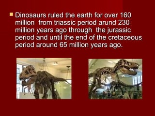  Dinosaurs ruled the earth for over 160Dinosaurs ruled the earth for over 160
million from triassic period arund 230million from triassic period arund 230
million years ago through the jurassicmillion years ago through the jurassic
period and until the end of the cretaceousperiod and until the end of the cretaceous
period around 65 million years ago.period around 65 million years ago.
 