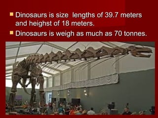  Dinosaurs is size lengths of 39.7 metersDinosaurs is size lengths of 39.7 meters
and heighst of 18 meters.and heighst of 18 meters.
 Dinosaurs is weigh as much as 70 tonnes.Dinosaurs is weigh as much as 70 tonnes.
 