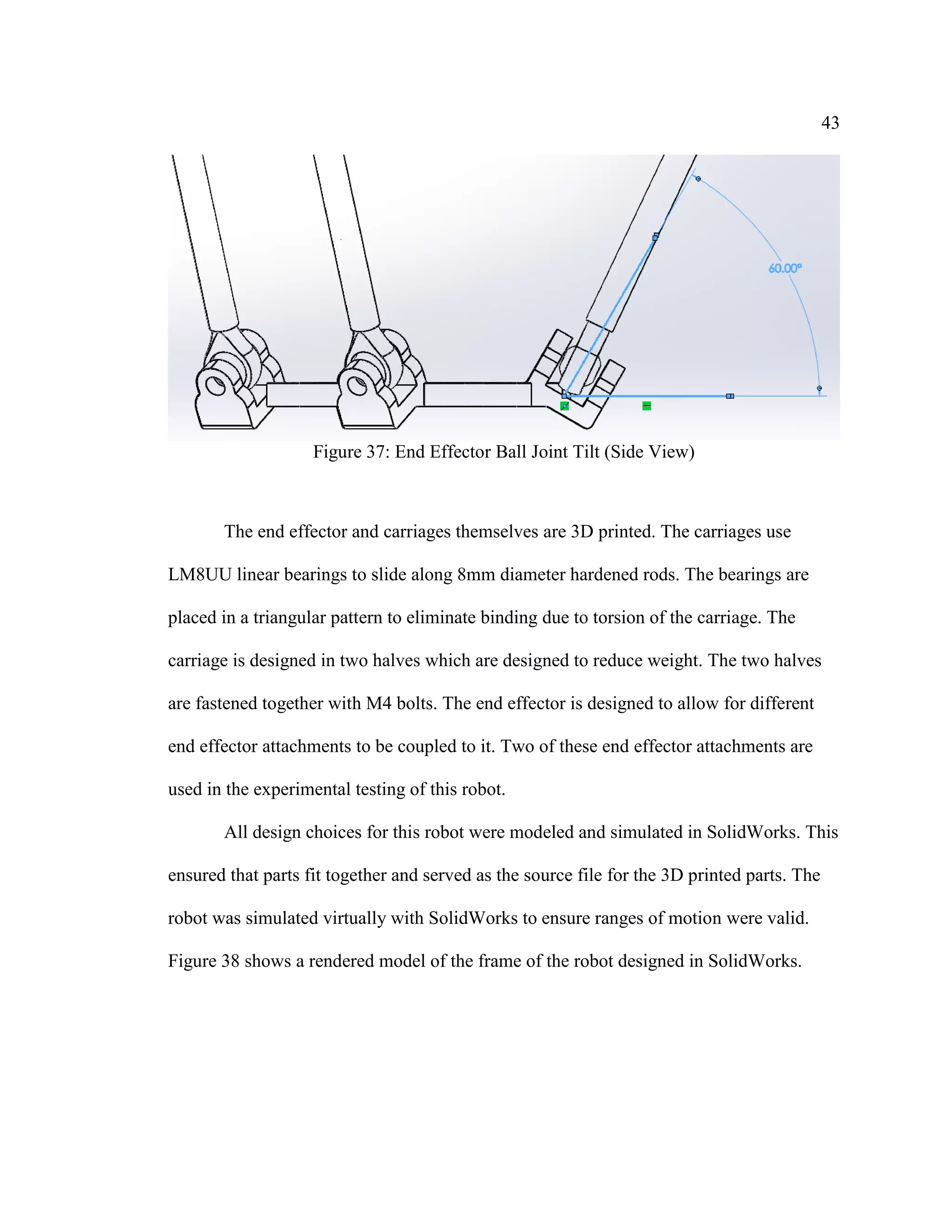 43
Figure 37: End Effector Ball Joint Tilt (Side View)
The end effector and carriages themselves are 3D printed. The carriages use
LM8UU linear bearings to slide along 8mm diameter hardened rods. The bearings are
placed in a triangular pattern to eliminate binding due to torsion of the carriage. The
carriage is designed in two halves which are designed to reduce weight. The two halves
are fastened together with M4 bolts. The end effector is designed to allow for different
end effector attachments to be coupled to it. Two of these end effector attachments are
used in the experimental testing of this robot.
All design choices for this robot were modeled and simulated in SolidWorks. This
ensured that parts fit together and served as the source file for the 3D printed parts. The
robot was simulated virtually with SolidWorks to ensure ranges of motion were valid.
Figure 38 shows a rendered model of the frame of the robot designed in SolidWorks.
 