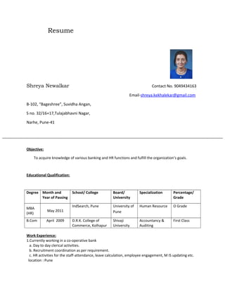 Resume
Shreya Newalkar Contact No. 9049434163
Email-shreya.kekhalekar@gmail.com
B-102, “Bageshree”, Suvidha Angan,
S no. 32/16+17,Tulajabhavni Nagar,
Narhe, Pune-41
Objective:
To acquire knowledge of various banking and HR functions and fulfill the organization’s goals.
Educational Qualification:
Degree Month and
Year of Passing
School/ College Board/
University
Specialization Percentage/
Grade
MBA
(HR)
May 2011
IndSearch, Pune University of
Pune
Human Resource O Grade
B.Com April 2009 D.R.K. College of
Commerce, Kolhapur
Shivaji
University
Accountancy &
Auditing
First Class
Work Experience:
1.Currently working in a co-operative bank
a. Day to day clerical activities.
b. Recruitment coordination as per requirement.
c. HR activities for the staff-attendance, leave calculation, employee engagement, M IS updating etc.
location : Pune
 