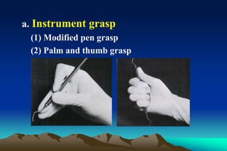 a. Instrument grasp
(1) Modified pen grasp
(2) Palm and thumb grasp
 