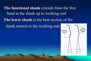 The functional shank extends from the first
bend in the shank up to working-end
The lower shank is the bent section of the
shank nearest to the working-end
 