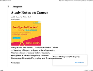Comprehensive Study Notes on Cancer: Types, Development, and Treatment ...