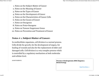Cancer Notes Comprehensive Study Notes on Cancer: Types, Development, and Treatment ...