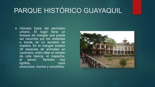 PARQUE HISTÓRICO GUAYAQUIL
 Ubicado fuera del perímetro
urbano. El lugar tiene un
bosque de manglar que puede
ser recorrido por los visitantes
a través de un sendero de
madera. En el manglar existen
28 especies de animales en
cautiverio, entre ellas el venado
de cola blanca, el mapache,
el pecarí. También hay
tigrillos, osos
perezosos, monos y cocodrilos.
 
