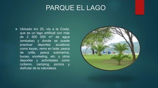 PARQUE EL LAGO
 Ubicado km 25, vía a la Costa,
que es un lago artificial con más
de 2 500 000 m³ de agua
(embalse) y donde se puede
practicar deportes acuáticos
como kayac, remo en bote, pesca
de orilla, pesca submarina,
buceo, snorkeling, etc. y otros
deportes y actividades como
ciclismo, camping, picnics y
disfrutar de la naturaleza
 