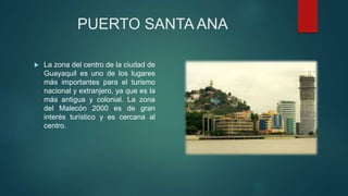 PUERTO SANTA ANA
 La zona del centro de la ciudad de
Guayaquil es uno de los lugares
más importantes para el turismo
nacional y extranjero, ya que es la
más antigua y colonial. La zona
del Malecón 2000 es de gran
interés turístico y es cercana al
centro.
 