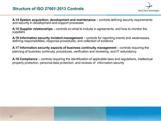 Structure of ISO 27001:2013 Controls
19
A.14 System acquisition, development and maintenance – controls defining security requirements
and security in development and support processes
A.15 Supplier relationships – controls on what to include in agreements, and how to monitor the
suppliers
A.16 Information security incident management – controls for reporting events and weaknesses,
defining responsibilities, response procedures, and collection of evidence
A.17 Information security aspects of business continuity management – controls requiring the
planning of business continuity, procedures, verification and reviewing, and IT redundancy
A.18 Compliance – controls requiring the identification of applicable laws and regulations, intellectual
property protection, personal data protection, and reviews of information security
 