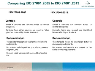 Controls
Annex A contains 133 controls across 11 control
categories.
Controls from other sources are used to ‘plug
gaps’ not covered by Annex A controls
Controls
Annex A contains 114 controls across 14
control categories
Controls (from any source) are identified
before referring to Annex A
6/27/2023
Comparing ISO 27001:2005 to ISO 27001:2013
ISO 27001:2005 ISO 27001:2013
Documentation
The standard makes no distinction between
documents and records.
Documents and records are subject to the
same control requirements.
Documentation
The standard recognizes two forms: documents
and records.
Documents include policies, procedures, process
diagrams, etc.
Records track work completed, audit schedules,
etc.
 