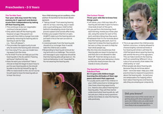 8 9
The Terrible Twos
Two-year-olds may resist the ‘only
mommy do it’ approach and demon-
strate their independence by taking
off their hearing aids.
• This continues to be non-negotiable -
continue to be persistent.
• Only adults take off the hearing aids
however at age 2 the parent can
work with the child to change from inde-
pendently removing his hearing aids to
learning to ask for help
(i.e., “Ears off please”).
• This provides the opportunity to ask
why he wants the hearing aids removed.
• Is it too noisy? If so, you can model mov-
ing away from the noise.
• Is he tired? If so he can help you put the
hearing aids in the dry aid kit (“hearing
aid house”) before his nap.
• Does he want your attention? Take a
minute to help him begin to learn how to
put his own hearing aids on (he should
be able to do this by himself by age 3).
Offer to read a book to him, but of course
he will need to have his hearing aids on
to hear the story!
Yourchildmissingoutonauditory stim-
ulation IS harmful to his brain devel-
opment.
• “Taking a break” from wearing hearing
aids for an hour, morning, day or week-
end, is just setting your child further
behind in developing a brain that will
process speech and sounds effectively.
• Unless you suspect that he is in pain,
ALWAYS make sure the hearing aids are
put back in his or her ears as soon as
possible.
• Listening breaks from the hearing aids
should occur no longer than it would
take the child to eat a cookie.
• Responding to hearing aid removal dur-
ing tantrums is a challenge. The consist-
ent message in your response should be
that the hearing aids will go back on. His
tantrum behaviour is not ‘rewarded’ by
his not wearing the hearing aids.
The Curious Threes
Three-year-olds like to know how
things work.
• Left alone, your child may take off a
hearing aid and take it apart to have a
close look at each of the parts.
• As you perform the listening check
each morning, involve your three-year-
old, using the names for each of the
parts and describing how they work.
• Emphasize that it is fun to know about
how the hearing aids work, but it is
important to keep the hearing aids on
her ears so they can work to help her
hear what people say.
• By this time she should know that
hearing aids are meant to be kept on
and that she is not allowed to take
them off. Treat her doing so as you
would any other poor behaviour choice
so that she clearly knows the rule
stands in every situation.
The Sensitive Fours and
Fabulous Fives
At 4-5 years old children begin
learning the attitudes of their age
peers and want their approval.
• It usually works well if the children in
your child’s preschool or kindergarten
class have a learning opportunity
(i.e., heard a story about hearing loss/
hearing aids). They will then better
understand what hearing aids do, will
not ask your child as many questions
will be more likely to view the hearing
aids positively.
• This is an age where the child becomes
fashion conscious, so being allowed to
choose brightly colored earmolds or
fun hearing aid stickers will help the
child feel good about wearing hearing
aids and be the envy of his age peers.
This can help transform the hearing
aid from something ‘different’ into a
cute or fun accessory that makes the
child ‘pretty’ or ‘cool’.
• Most people ask about hearing aids
because they do not know about
them – not to be mean. Help your child
practice how to respond to questions
about the hearing aids - he (and you)
are ambassadors for helping others
learn about hearing loss and hearing
aids (they are amazing ear computers!).
Did you know?
Children learn most of the ‘social rules’ of
getting along with others between 2-5
years old. Children who can understand
speech and talk like their age peers are
more likely to be accepted and fit in.
Ear Gear
Ear Gear
Preschoolers – 2-5 Years
 
