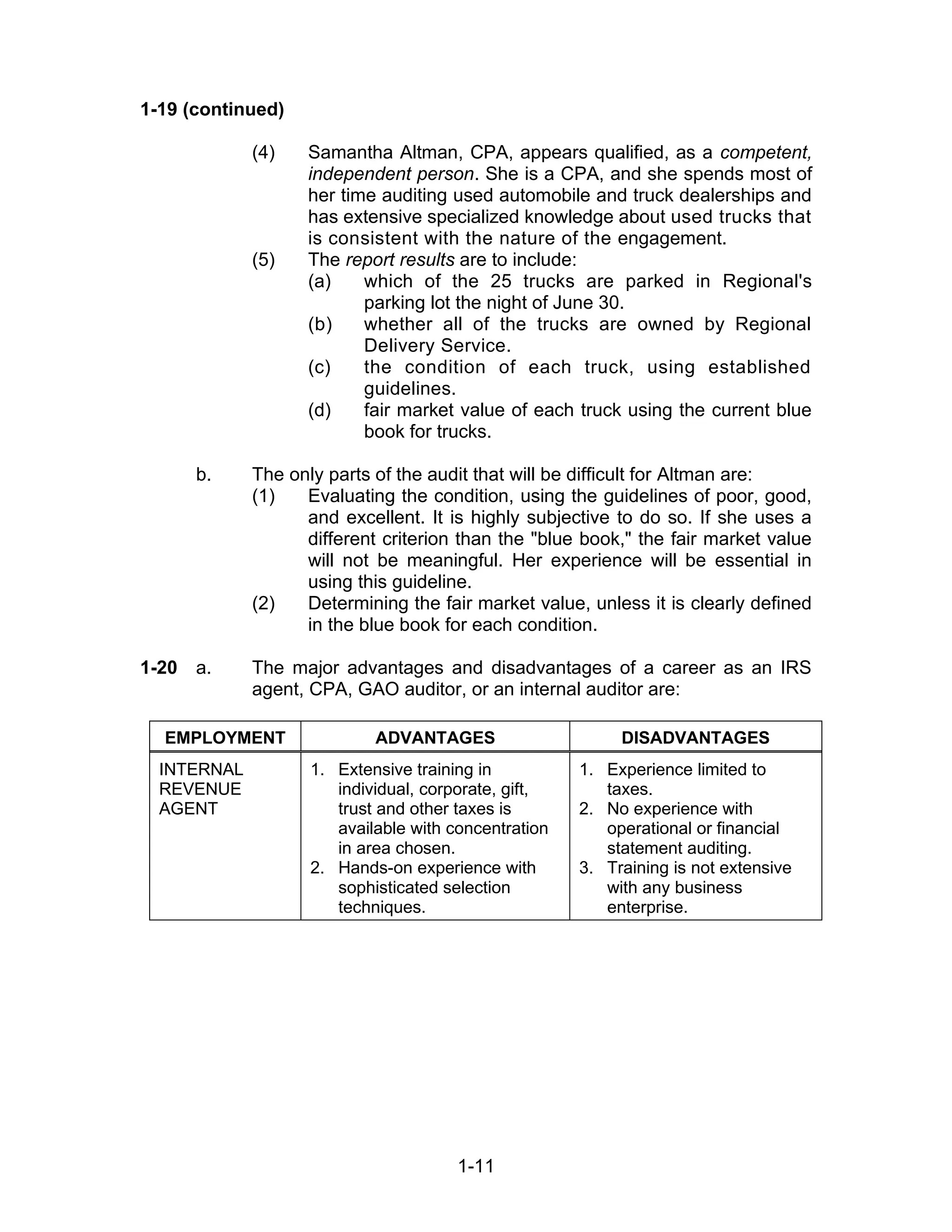 1-11
1-19 (continued)
(4) Samantha Altman, CPA, appears qualified, as a competent,
independent person. She is a CPA, and she spends most of
her time auditing used automobile and truck dealerships and
has extensive specialized knowledge about used trucks that
is consistent with the nature of the engagement.
(5) The report results are to include:
(a) which of the 25 trucks are parked in Regional's
parking lot the night of June 30.
(b) whether all of the trucks are owned by Regional
Delivery Service.
(c) the condition of each truck, using established
guidelines.
(d) fair market value of each truck using the current blue
book for trucks.
b. The only parts of the audit that will be difficult for Altman are:
(1) Evaluating the condition, using the guidelines of poor, good,
and excellent. It is highly subjective to do so. If she uses a
different criterion than the "blue book," the fair market value
will not be meaningful. Her experience will be essential in
using this guideline.
(2) Determining the fair market value, unless it is clearly defined
in the blue book for each condition.
1-20 a. The major advantages and disadvantages of a career as an IRS
agent, CPA, GAO auditor, or an internal auditor are:
EMPLOYMENT ADVANTAGES DISADVANTAGES
INTERNAL
REVENUE
AGENT
1. Extensive training in
individual, corporate, gift,
trust and other taxes is
available with concentration
in area chosen.
2. Hands-on experience with
sophisticated selection
techniques.
1. Experience limited to
taxes.
2. No experience with
operational or financial
statement auditing.
3. Training is not extensive
with any business
enterprise.
 