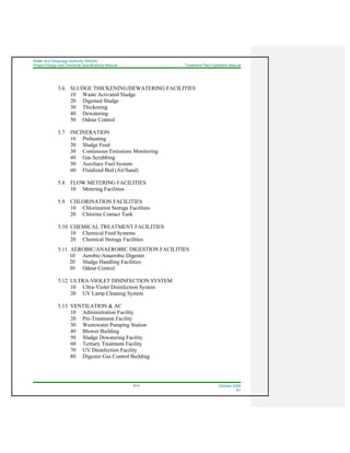Water And Sewerage Authority (WASA)
Project Design and Technical Specifications Manual Treatment Plant Operation Manual
22-6 October 2008
R1
5.6 SLUDGE THICKENING/DEWATERING FACILITIES
10 Waste Activated Sludge
20 Digested Sludge
30 Thickening
40 Dewatering
50 Odour Control
5.7 INCINERATION
10 Preheating
20 Sludge Feed
30 Continuous Emissions Monitoring
40 Gas Scrubbing
50 Auxiliary Fuel System
60 Fluidized Bed (Air/Sand)
5.8 FLOW METERING FACILITIES
10 Metering Facilities
5.9 CHLORINATION FACILITIES
10 Chlorination Storage Facilities
20 Chlorine Contact Tank
5.10 CHEMICAL TREATMENT FACILITIES
10 Chemical Feed Systems
20 Chemical Storage Facilities
5.11 AEROBIC/ANAEROBIC DIGESTION FACILITIES
10 Aerobic/Anaerobic Digester
20 Sludge Handling Facilities
30 Odour Control
5.12 ULTRA-VIOLET DISINFECTION SYSTEM
10 Ultra-Violet Disinfection System
20 UV Lamp Cleaning System
5.13 VENTILATION & AC
10 Administration Facility
20 Pre-Treatment Facility
30 Wastewater Pumping Station
40 Blower Building
50 Sludge Dewatering Facility
60 Tertiary Treatment Facility
70 UV Disinfection Facility
80 Digester Gas Control Building
 