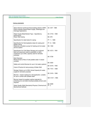 Water And Sewerage Authority (WASA)
Water and Wastewater Design Guideline Manual Design Standards
3-5 October 2008
R1
Various standards
Glass Filament reinforced thermosetting plastics (GRP)
Pipes Polyester Based-Water Supply. Sewerage and
Drainage Applications
Water Supply Metal Bodied Taps – Specified by
performance
Water Well Casing
Specification for steel tubes for casing
Specification for thermoplastics tubes for casing and
slotted casing
Stationary circulation pumps for heating and hot water
service system
Specification for Cold Water Storage and combined
feed and expansion cisterns (polyolefin or olefin
copolymer) up to 500L capacity used for domestic
purposes
Multi Standard
Measurement of flow of cold potable water in closed
conduits
Safety and control Devices for use in hot water systems
Code of Practice for test pumping of Water Well
Storage Cisterns up to 500L Actual Capacity for water
supply for domestic purposes
Bitumen – based coatings for cold application, suitable
for use in contact with potable water
Bitumen based hot applied coating materials for
protecting iron and steel including suitable primers were
required
Water Quality (Multi Standards) Physical, Chemical and
Biochemical methods
AS 3571 1989
AS 3718 – 1990
BS 879
PT 1 – 1985
PT Z – 1988
BS 1394
BS 4213 – 1991
BS 5728
BS 6283
BS 6316 – 1992
BS 7181 – 1989
BS 3416 – 1980
BS1 4147 – 1980
BS 6008
PT 2
 