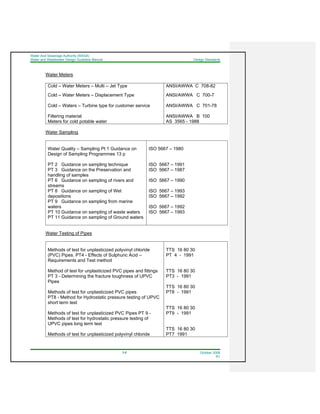 Water And Sewerage Authority (WASA)
Water and Wastewater Design Guideline Manual Design Standards
3-6 October 2008
R1
Water Meters
Cold – Water Meters – Multi – Jet Type ANSI/AWWA C 708-82
Cold – Water Meters – Displacement Type
Cold – Waters – Turbine type for customer service
Filtering material
Meters for cold potable water
ANSI/AWWA C 700-7
ANSI/AWWA C 701-78
ANSI/AWWA B 100
AS 3565 - 1988
Water Sampling
Water Quality – Sampling Pt 1 Guidance on
Design of Sampling Programmes 13 p
PT 2 Guidance on sampling technique
PT 3 Guidance on the Preservation and
handling of samples
PT 6 Guidance on sampling of rivers and
streams
PT 8 Guidance on sampling of Wet
depositions
PT 9 Guidance on sampling from marine
waters
PT 10 Guidance on sampling of waste waters
PT 11 Guidance on sampling of Ground waters
ISO 5667 – 1980
ISO 5667 – 1991
ISO 5667 – 1987
ISO 5667 – 1990
ISO 5667 – 1993
ISO 5667 – 1992
ISO 5667 – 1992
ISO 5667 – 1993
Water Testing of Pipes
Methods of test for unplasticized polyvinyl chloride
(PVC) Pipes. PT4 - Effects of Sulphuric Acid –
Requirements and Test method
Method of test for unplasticized PVC pipes and fittings
PT 3 - Determining the fracture toughness of UPVC
Pipes
Methods of test for unplasticized PVC pipes
PT8 - Method for Hydrostatic pressure testing of UPVC
short term test
Methods of test for unplasticized PVC Pipes PT 9 -
Methods of test for hydrostatic pressure testing of
UPVC pipes long term test
Methods of test for unplasticized polyvinyl chloride
TTS 16 80 30
PT 4 - 1991
TTS 16 80 30
PT3 - 1991
TTS 16 80 30
PT8 - 1991
TTS 16 80 30
PT9 - 1991
TTS 16 80 30
PT7 1991
 