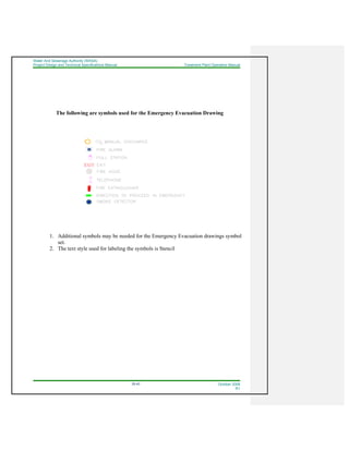 Water And Sewerage Authority (WASA)
Project Design and Technical Specifications Manual Treatment Plant Operation Manual
35-43 October 2008
R1
The following are symbols used for the Emergency Evacuation Drawing
1. Additional symbols may be needed for the Emergency Evacuation drawings symbol
set.
2. The text style used for labeling the symbols is Stencil
 
