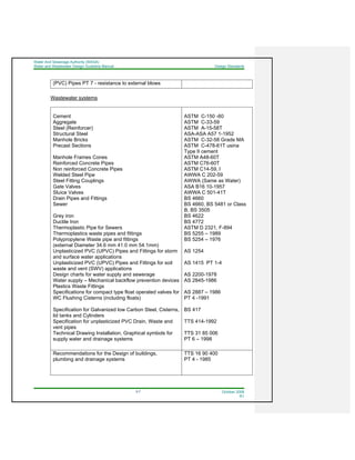 Water And Sewerage Authority (WASA)
Water and Wastewater Design Guideline Manual Design Standards
3-7 October 2008
R1
(PVC) Pipes PT 7 - resistance to external blows
Wastewater systems
Cement
Aggregate
Steel (Reinforcer)
Structural Steel
Manhole Bricks
Precast Sections
Manhole Frames Cones
Reinforced Concrete Pipes
Non reinforced Concrete Pipes
Welded Steel Pipe
Steel Fitting Couplings
Gate Valves
Sluice Valves
Drain Pipes and Fittings
Sewer
Grey iron
Ductile Iron
Thermoplastic Pipe for Sewers
Thermoplastics waste pipes and fittings
Polypropylene Waste pipe and fittings
(external Diameter 34.6 mm 41.0 mm 54.1mm)
Unplasticized PVC (UPVC) Pipes and Fittings for storm
and surface water applications
Unplasticized PVC (UPVC) Pipes and Fittings for soil
waste and vent (SWV) applications
Design charts for water supply and sewerage
Water supply – Mechanical backflow prevention devices
Plastics Waste Fittings
Specifications for compact type float operated valves for
WC Flushing Cisterns (including floats)
Specification for Galvanized low Carbon Steel, Cisterns,
lid tanks and Cylinders
Specification for unplasticized PVC Drain, Waste and
vent pipes
Technical Drawing Installation, Graphical symbols for
supply water and drainage systems
ASTM C-150 -60
ASTM C-33-59
ASTM A-15-58T
ASA-ASA A57 1-1952
ASTM C-32-58 Grade MA
ASTM C-478-61T usina
Type II cement
ASTM A48-60T
ASTM C76-60T
ASTM C14-59, l
AWWA C 202-59
AWWA (Same as Water)
ASA B16 10-1957
AWWA C 501-41T
BS 4660
BS 4660, BS 5481 or Class
B, BS 3505
BS 4622
BS 4772
ASTM D 2321, F-894
BS 5255 – 1989
BS 5254 – 1976
AS 1254
AS 1415 PT 1-4
AS 2200-1978
AS 2845-1986
AS 2887 – 1986
PT 4 -1991
BS 417
TTS 414-1992
TTS 31 85 006
PT 6 – 1998
Recommendations for the Design of buildings,
plumbing and drainage systems
TTS 16 90 400
PT 4 - 1985
 