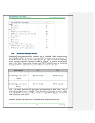 Water And Sewerage Authority (WASA)
Water and Wastewater Design Guideline Manual Design of Water Distribution System
5-4 October 2008
R1
Conference center (per person) 30
Stores
Per customer 8
Per employee 40
Restaurants
Medium size restaurant (per seat) 150
Medium size restaurant; open 24 h (per seat) 200
Bar (per place) 80
Gas station
Per car served 30
Per employee 50
Industrial facility (small to medium size)
Without cafeteria or shower (per employee) 70
With cafeteria and shower (per employee) 140
5.2.3 Residential Per capita demand
Residential Water demands have been historically high in Trinidad & Tobago. As water meters
are installed throughout the country, it is expected that residential water consumption will
linearly be lessened by 10% by 2020. When possible, per capita consumption and peaking
factors should be determined from historical data for the area. The following design factors,
based on the “Water Consumption & Demand Study” GENIVAR (2008), are to be used for the
design of residential water distribution systems in the absence of actual flow data:
Water demand 2007 2020
Residential per capita demand
Trinidad
330 litres/cap.d 280 litres/cap.d
Residential per capita demand
Tobago
315 litres/cap.d 280 litres/cap.d
Note : The demand per capita does not include any unaccounted for water (UFW) which is
historically very significant in Trinidad & Tobago. Depending on the region, the project and the
state of the distribution system, a case by case analysis is required for each project to include the
UFW and leakages of the system.
Maximum Daily and Maximum Hourly Demand Factors as noted in the table below:
 