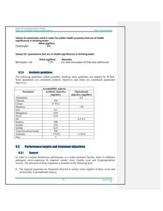 Water And Sewerage Authority (WASA)
Water and Wastewater Design Guideline Manual Water Treatment Plants
9-6 October 2008
R1
Values for pesticides used in water for public health purposes that are of health
significance in drinking-water.
Value (µg/litre)
Pyriproxyfen 300
Values for cyanotoxins that are of health significance in drinking-water
Value (µg/litre) Remarks
Microcystin –LR 1 (P) For total microcystin-LR (free plus cell-bound)
9.2.4 Aesthetic guidelines
The following guidelines called secondary drinking water guidelines are adopted by WASA.
Some parameters are considered aesthetic objectives and others are considered operational
objectives.
Acceptability aspects
Parameter Aesthetic objective
(mg/litre)
Operational
objective (mg/litre)
Aluminium 0,2
Chloride 250
Colour 15 TCU
Hardness 150
Iron 0,3
Manganese 0,05
Silver 0,10
pH 6,5-8,5
Sodium 200
Sulfate 250
Sulfide 0,05
Total Dissolved Solids 500
Turbidity < 5 NTU <1 NTU
Zinc 5
9.3 Performance targets and treatment objectives
9.3.1 General
In order to evaluate disinfection performance at a water treatment facility, three (3) different
pathogens micro-organisms be targeted: enteric virus, Giardia cysts and Cryptosporidium
oocysts. The selection of those organisms is founded on the following facts:
• The targeted organisms are frequently detected in surface water supplies of lakes, rivers and
occasionally in groundwater sources.
 