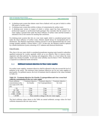 Water And Sewerage Authority (WASA)
Water and Wastewater Design Guideline Manual Water Treatment Plants
9-9 October 2008
R1
• A drinking-water system that obtains water from a bedrock well, any part of which is within
500 meters of surface water.
• A drinking-water system that exhibits evidence of contamination by surface water.
• A drinking-water system in respect of which a written report has been prepared by a
professional engineer or professional hydro-geologist that concludes that the system’s raw
water supply is ground water under the direct influence of surface water and that includes a
statement of his or her reasons for reaching that conclusion.
For drinking-water systems that rely on a raw water supply which is considered ground water
under the direct influence of surface water, filtration should always be incorporated prior to
disinfection. The filtration requirement could be waived if it can be demonstrated that raw water
average monthly turbidity is always below 1 NTU. In that case, the filtration could be replaced
by a double disinfection system consisting of UV radiation and chemical disinfection.
Class III water:
This class is for raw water which is considered groundwater meaning water located in subsurface
aquifer(s) protected by overlay aquitards which act as an effective filter to removes micro-
organisms and other particles by straining and antagonistic effect, to a level where the water
supply may already be potable. In all cases water turbidity must be below 5 NTU. Disinfection
is required as an additional heath risk barrier.
9.3.3 Additional treatment objectives for Class I water supplies
For surface water supplies, treatment objectives shall be adjusted to take into account the level of
pollution in the source. The minimum water treatment objectives are for raw water supplies of
good quality. For polluted sources, the level of treatment must be adjusted to the values included
in Table 2.0.
Table 2.0 – Treatment objectives for Giardia, Cryptosporidium and virus versus fecal
coliforms contamination in the raw water supply
Fecal coliforms
concentration in the
raw water (UFC/100
ml)
Treatment objective
for Giardia
Treatment objective
for Cryptosporidium
Treatment objective
for virus
< 20 3 log 2 log 4 log
20 - 200 4 log 2 log 5 log
200 – 2 000 5 log 2 log 6 log
2 000 – 20 000 6 log 2 log 7 log
> 20 000 Must consider a change in the raw water supply
The fecal coliforms values shown in the Table are annual arithmetic average values for fecal
coliforms measured at the raw water source.
 