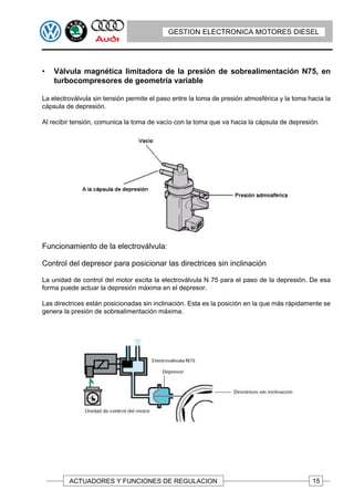 GESTION ELECTRONICA MOTORES DIESEL




•   Válvula magnética limitadora de la presión de sobrealimentación N75, en
    turbocompresores de geometría variable

La electroválvula sin tensión permite el paso entre la toma de presión atmosférica y la toma hacia la
cápsula de depresión.

Al recibir tensión, comunica la toma de vacío con la toma que va hacia la cápsula de depresión.




Funcionamiento de la electroválvula:

Control del depresor para posicionar las directrices sin inclinación

La unidad de control del motor excita la electroválvula N 75 para el paso de la depresión. De esa
forma puede actuar la depresión máxima en el depresor.

Las directrices están posicionadas sin inclinación. Esta es la posición en la que más rápidamente se
genera la presión de sobrealimentación máxima.




         ACTUADORES Y FUNCIONES DE REGULACION                                                 15
 