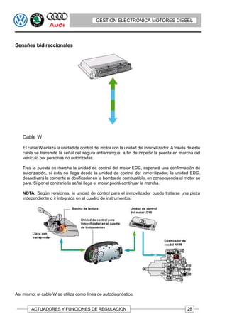 GESTION ELECTRONICA MOTORES DIESEL




Senañes bidireccionales




    Cable W

    EI cable W enlaza la unidad de control del motor con la unidad del inmovilizador. A través de este
    cable se transmite la señal del seguro antiarranque, a fin de impedir la puesta en marcha del
    vehículo por personas no autorizadas.

    Tras la puesta en marcha la unidad de control del motor EDC, esperará una confirmación de
    autorización, si ésta no llega desde la unidad de control del inmovilizador, la unidad EDC,
    desactivará la corriente al dosificador en la bomba de combustible, en consecuencia el motor se
    para. Si por el contrario la señal llega el motor podrá continuar la marcha.

    NOTA: Según versiones, la unidad de control para el inmovilizador puede tratarse una pieza
    independiente o ir integrada en el cuadro de instrumentos.




Así mismo, el cable W se utiliza como línea de autodiagnóstico.


        ACTUADORES Y FUNCIONES DE REGULACION                                                  28
 