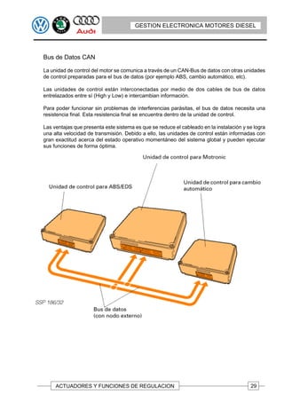 GESTION ELECTRONICA MOTORES DIESEL




Bus de Datos CAN

La unidad de control del motor se comunica a través de un CAN-Bus de datos con otras unidades
de control preparadas para el bus de datos (por ejemplo ABS, cambio automático, etc).

Las unidades de control están interconectadas por medio de dos cables de bus de datos
entrelazados entre sí (High y Low) e intercambian información.

Para poder funcionar sin problemas de interferencias parásitas, el bus de datos necesita una
resistencia final. Esta resistencia final se encuentra dentro de la unidad de control.

Las ventajas que presenta este sistema es que se reduce el cableado en la instalación y se logra
una alta velocidad de transmisión. Debido a ello, las unidades de control están informadas con
gran exactitud acerca del estado operativo momentáneo del sistema global y pueden ejecutar
sus funciones de forma óptima.




     ACTUADORES Y FUNCIONES DE REGULACION                                                29
 