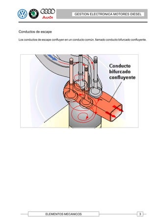GESTION ELECTRONICA MOTORES DIESEL




Conductos de escape

Los conductos de escape confluyen en un conducto común, llamado conducto bifurcado confluyente.




                   ELEMENTOS MECANICOS                                                   3
 